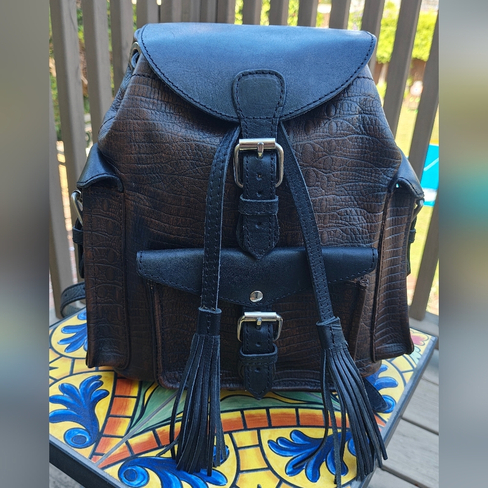 Freebird Brett Mini backpack_Textured Black Faux-Leather Backpack with Tassels